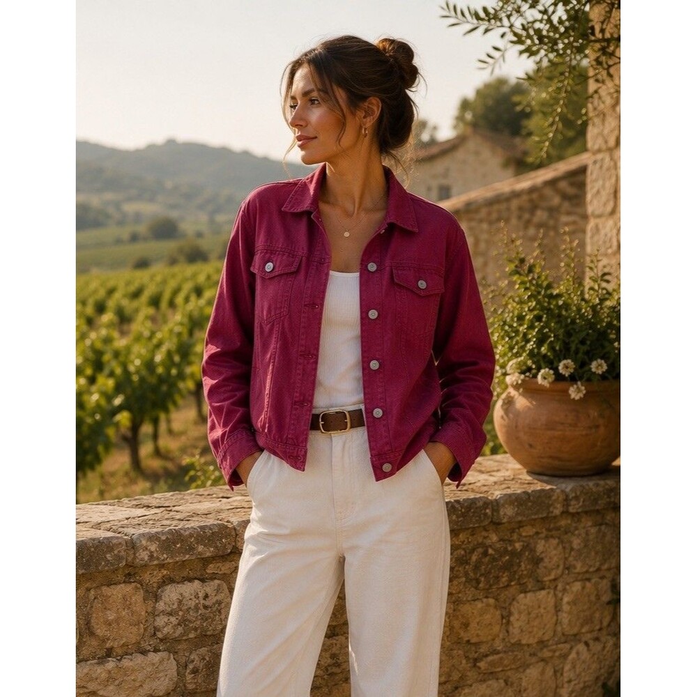 JNY Jones New York 100% Linen Jacket Women’s L Berry Cropped Button Front